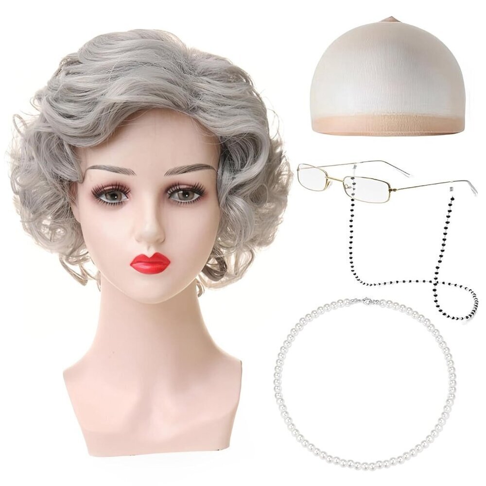 Old Lady Wig and Accessories Set Gray Multicultural High Temp Fiber Natural